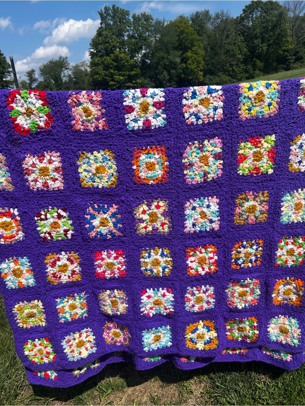 Handmade Purple Crochet Granny Square Throw Blanket - Multicolor Accents